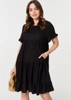 Izabel London Black Short Sleeve Frilled Short Smock Dress