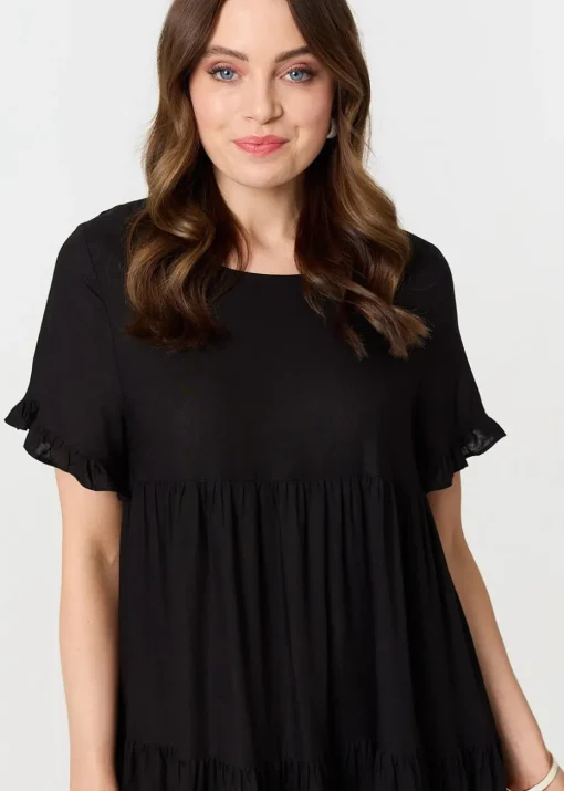 Izabel London Black Short Sleeve Frilled Short Smock Dress