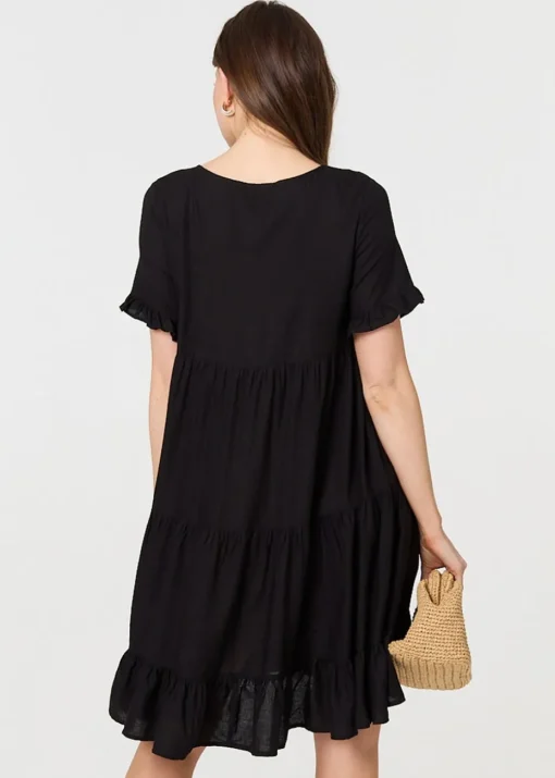 Izabel London Black Short Sleeve Frilled Short Smock Dress