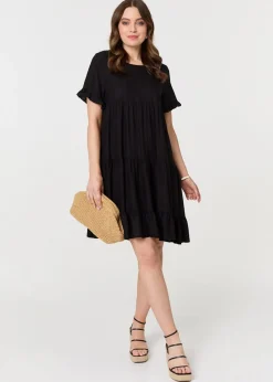 Izabel London Black Short Sleeve Frilled Short Smock Dress