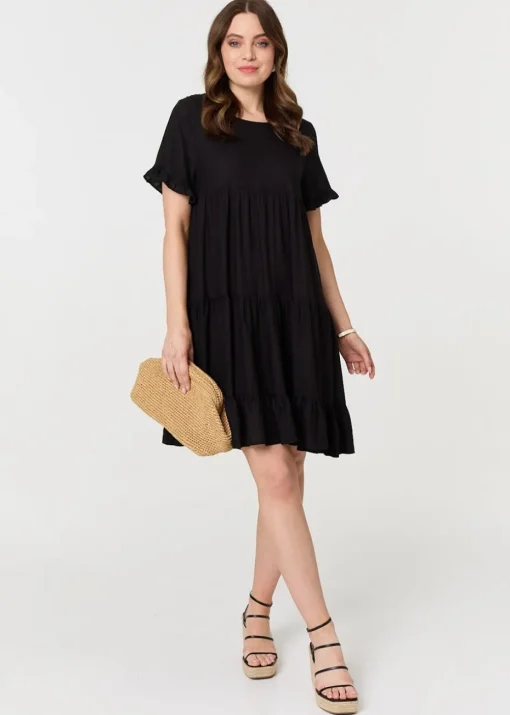 Izabel London Black Short Sleeve Frilled Short Smock Dress