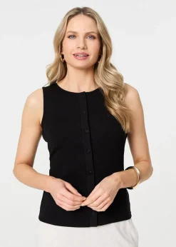 Izabel London Black Sleeveless Button Front Slim Vest Top