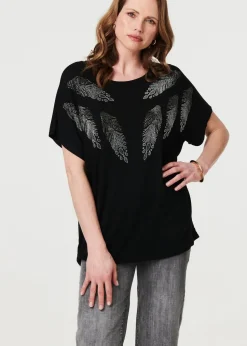 Izabel London Black Sparkly Feather Print Relaxed T-Shirt