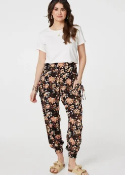 Izabel London Black Vintage Floral Shirred Waist Harem Pants