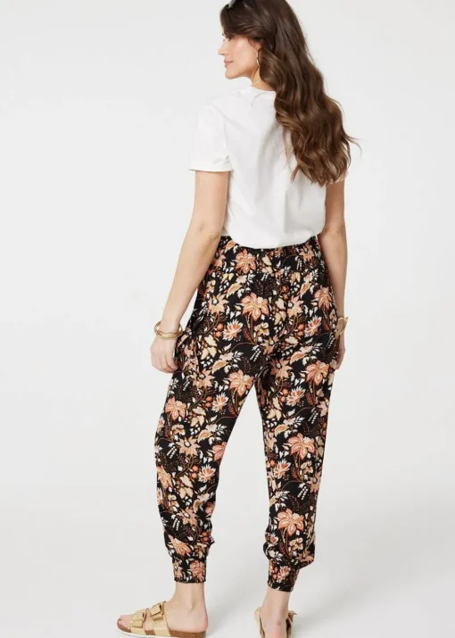 Izabel London Black Vintage Floral Shirred Waist Harem Pants
