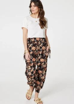Izabel London Black Vintage Floral Shirred Waist Harem Pants