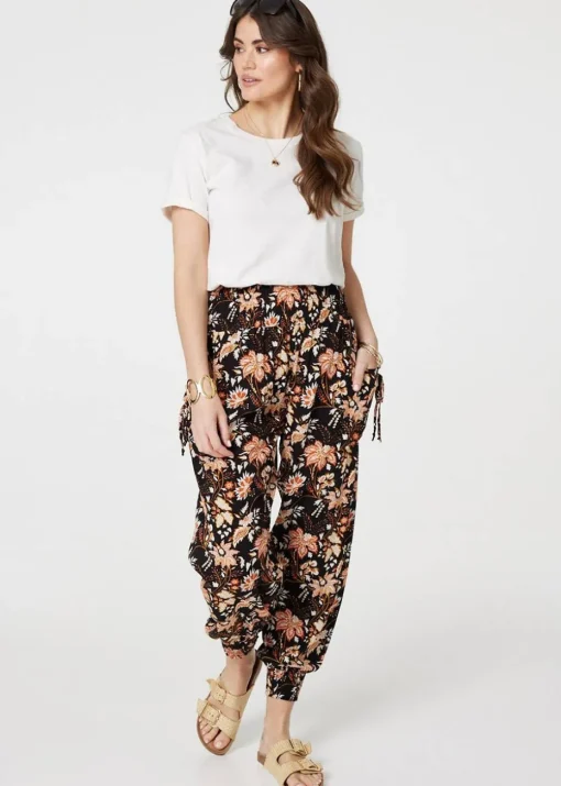 Izabel London Black Vintage Floral Shirred Waist Harem Pants