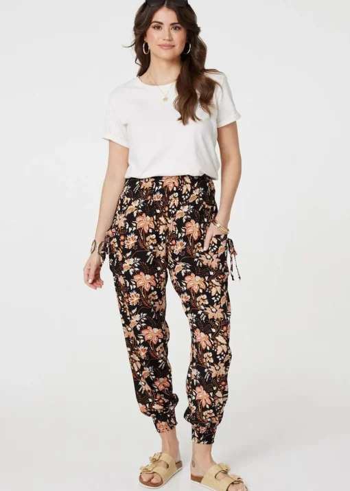 Izabel London Black Vintage Floral Shirred Waist Harem Pants