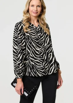 Izabel London Black Zebra Print V-Neck Long Sleeve Blouse