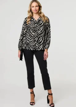 Izabel London Black Zebra Print V-Neck Long Sleeve Blouse