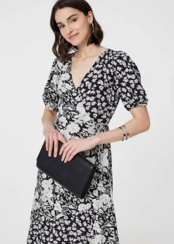 Izabel London Black/White Floral 1/2 Sleeve Midi Wrap Dress