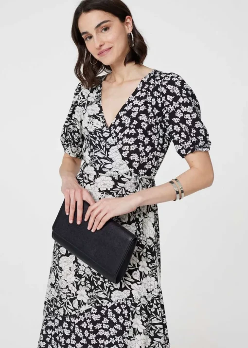 Izabel London Black/White Floral 1/2 Sleeve Midi Wrap Dress