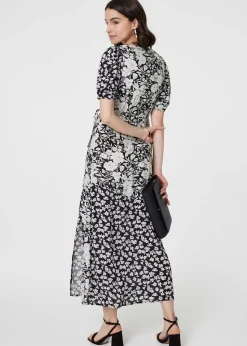Izabel London Black/White Floral 1/2 Sleeve Midi Wrap Dress
