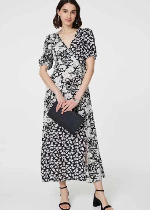 Izabel London Black/White Floral 1/2 Sleeve Midi Wrap Dress