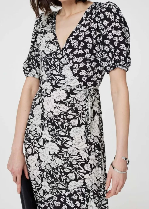 Izabel London Black/White Floral 1/2 Sleeve Midi Wrap Dress