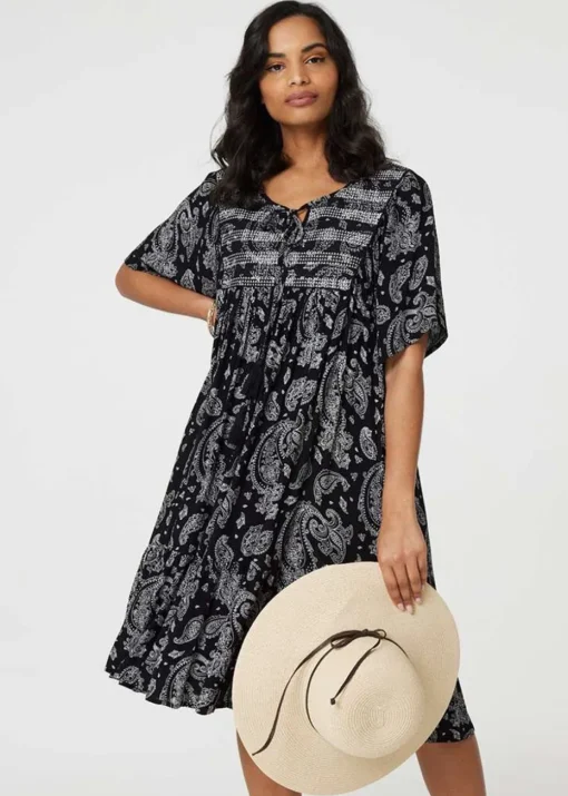 Izabel London Black/White Paisley Print Keyhole Neck Relaxed Dress