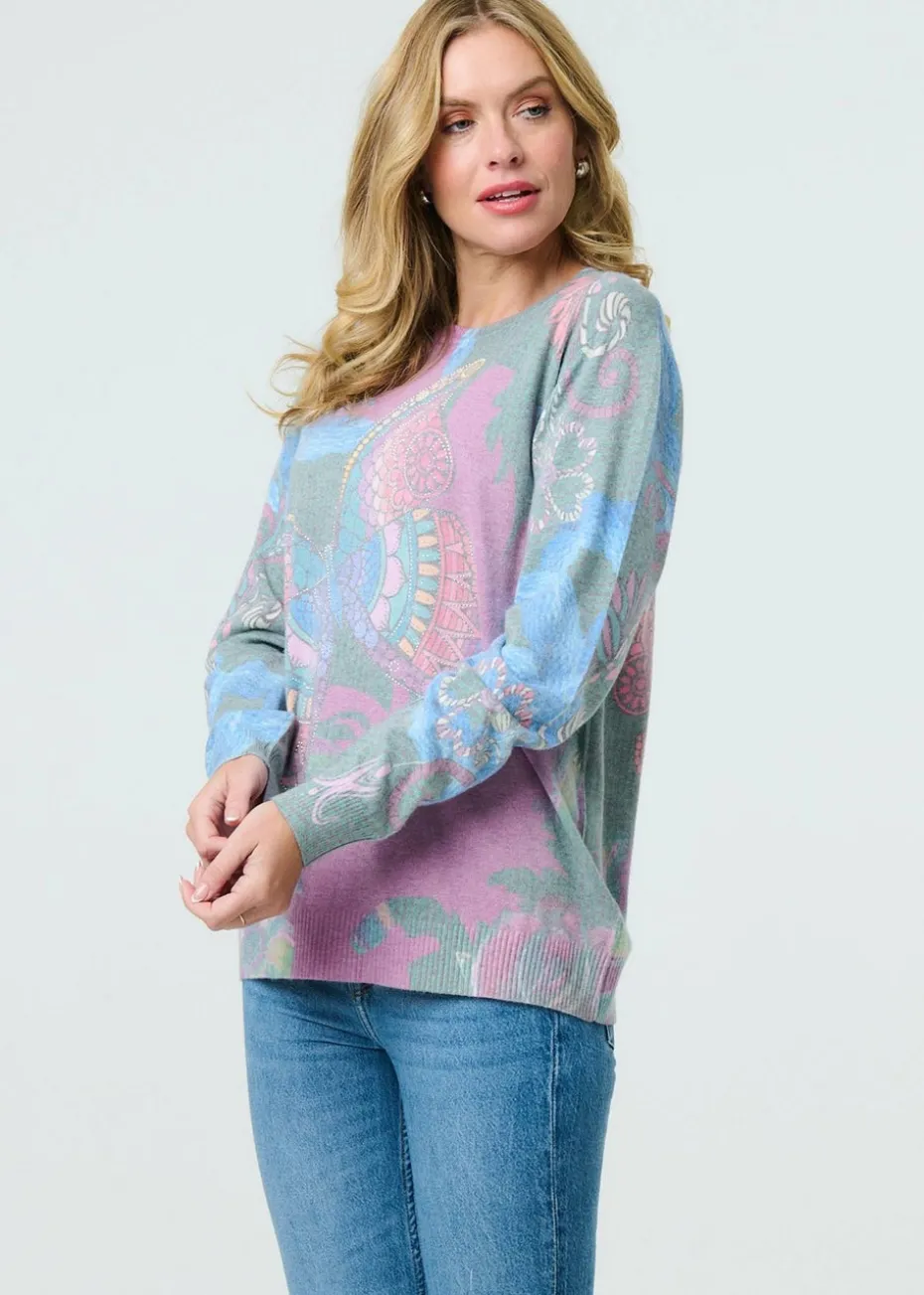 Izabel London Blue Abstract Print Stud Detail Knit Top