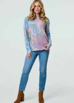 Izabel London Blue Abstract Print Stud Detail Knit Top