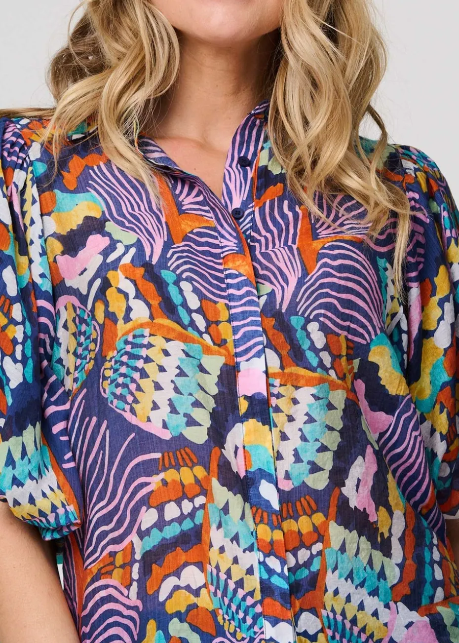 Izabel London Blue Abstract Puff 1/2 Sleeve Shirt