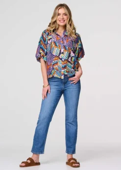 Izabel London Blue Abstract Puff 1/2 Sleeve Shirt