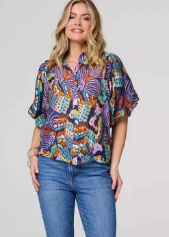 Izabel London Blue Abstract Puff 1/2 Sleeve Shirt