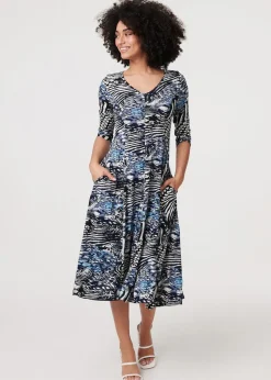 Izabel London Blue Abstract V-Neck Midi Dress