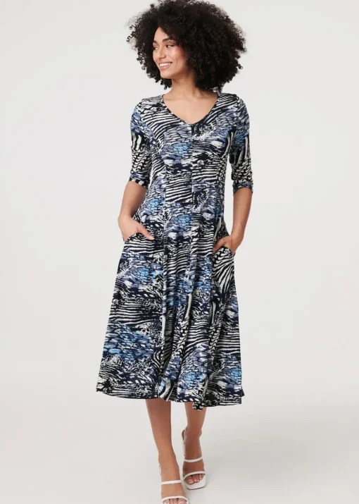 Izabel London Blue Abstract V-Neck Midi Dress