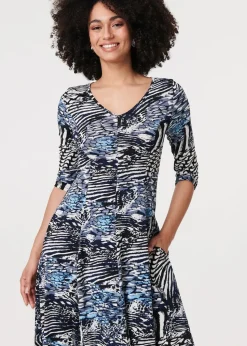 Izabel London Blue Abstract V-Neck Midi Dress