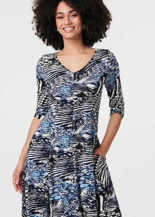 Izabel London Blue Abstract V-Neck Midi Dress