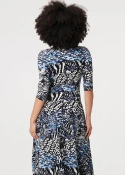 Izabel London Blue Abstract V-Neck Midi Dress