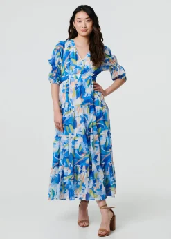 Izabel London Blue Abstract 3/4 Puff Sleeve Tiered Maxi Dress