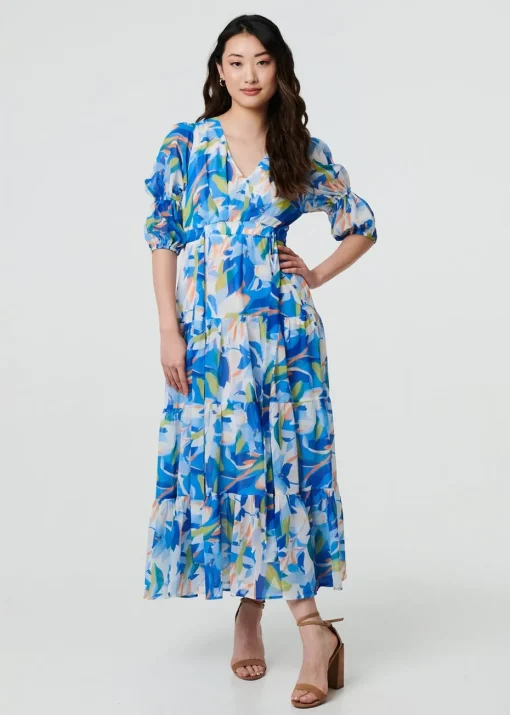 Izabel London Blue Abstract 3/4 Puff Sleeve Tiered Maxi Dress