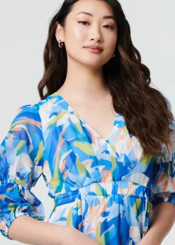 Izabel London Blue Abstract 3/4 Puff Sleeve Tiered Maxi Dress
