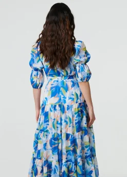 Izabel London Blue Abstract 3/4 Puff Sleeve Tiered Maxi Dress
