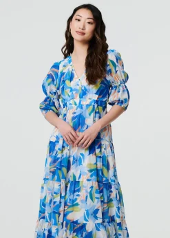Izabel London Blue Abstract 3/4 Puff Sleeve Tiered Maxi Dress