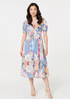 Izabel London Blue Abstract Ruched Front Empire Midi Dress