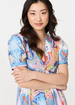 Izabel London Blue Abstract Ruched Front Empire Midi Dress