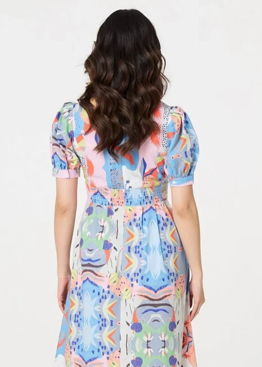 Izabel London Blue Abstract Ruched Front Empire Midi Dress
