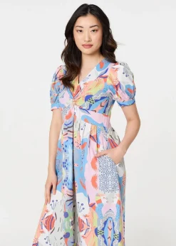 Izabel London Blue Abstract Ruched Front Empire Midi Dress