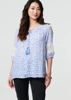 Izabel London Blue Animal Print Tassel Bardot Neck Blouse