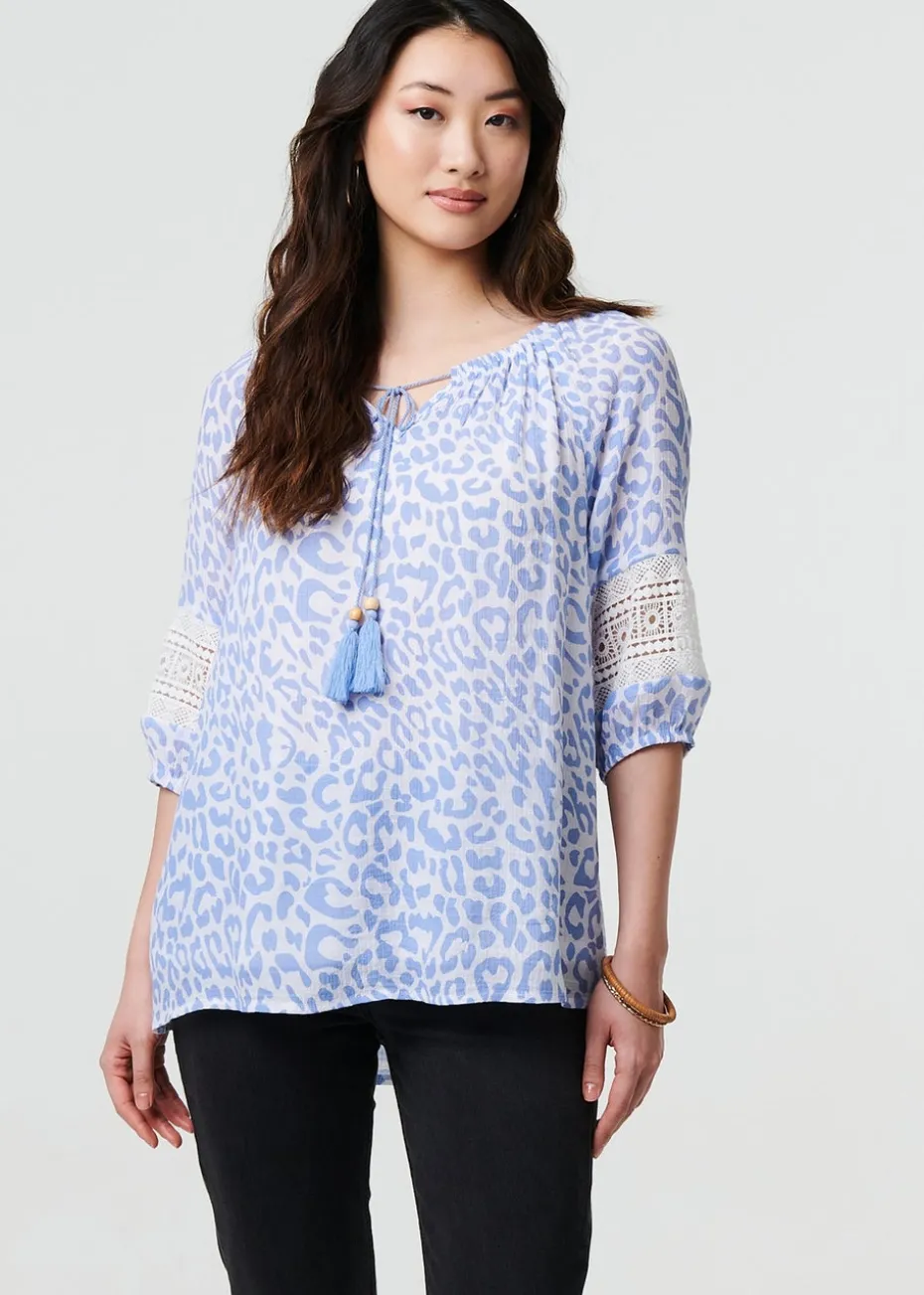 Izabel London Blue Animal Print Tassel Bardot Neck Blouse
