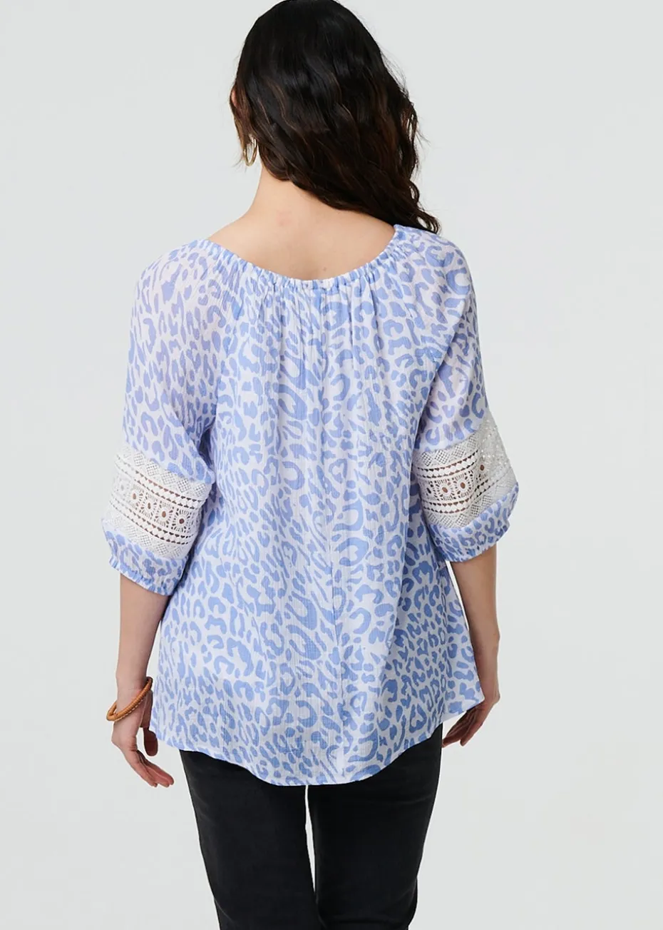 Izabel London Blue Animal Print Tassel Bardot Neck Blouse