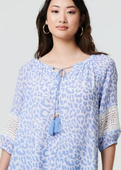 Izabel London Blue Animal Print Tassel Bardot Neck Blouse