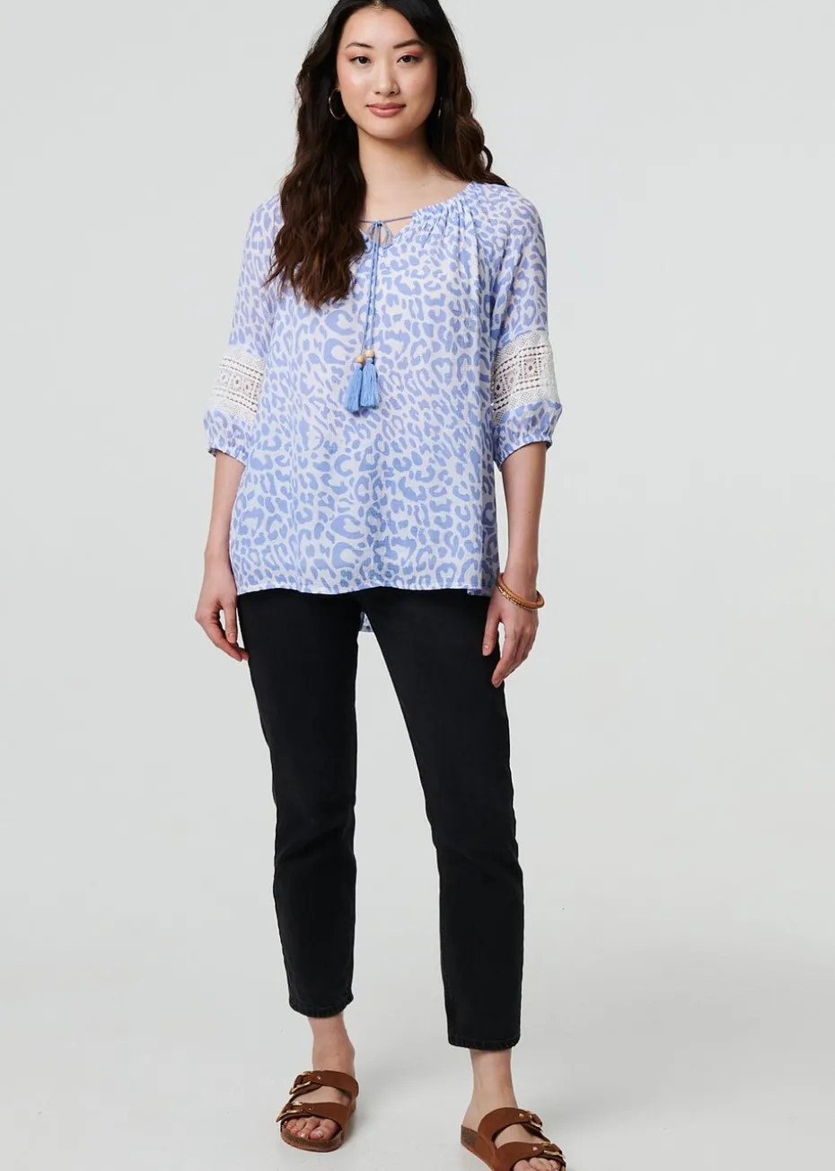 Izabel London Blue Animal Print Tassel Bardot Neck Blouse