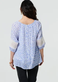 Izabel London Blue Animal Print Tassel Bardot Neck Blouse