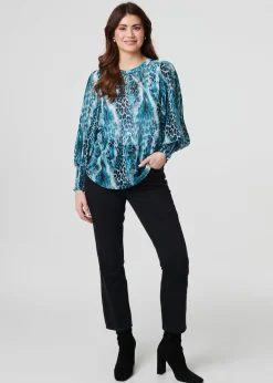 Izabel London Blue Animal Print Semi Sheer Blouse Top