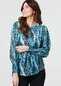 Izabel London Blue Animal Print Semi Sheer Blouse Top