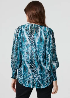 Izabel London Blue Animal Print Semi Sheer Blouse Top