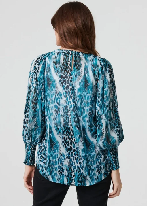 Izabel London Blue Animal Print Semi Sheer Blouse Top