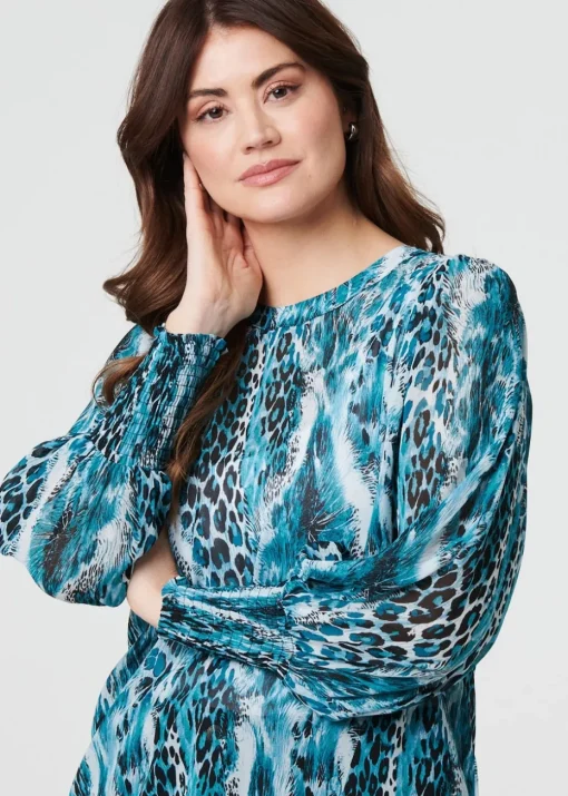 Izabel London Blue Animal Print Semi Sheer Blouse Top